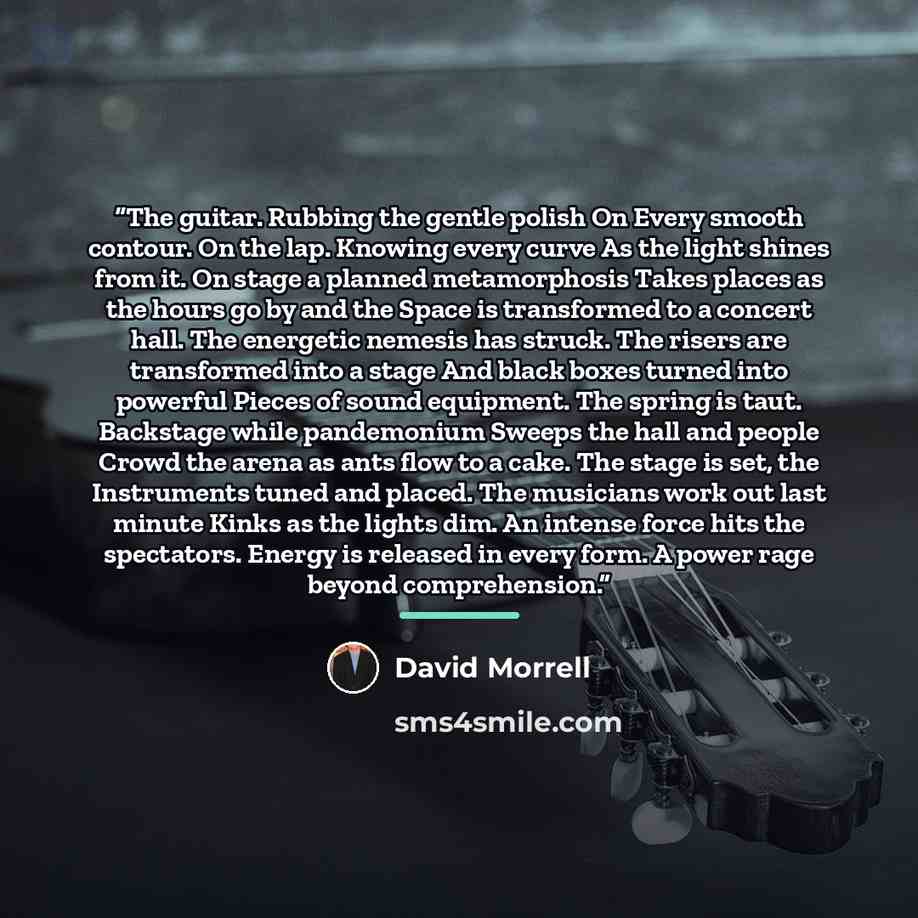 “The guitar. Rubbing the gentle polish On Every smooth contour. On the lap. Knowing every curve As the light shines from it. On stage a planned metamorphosis Takes places as the hours go by and the Space is transformed to a concert hall. The energetic nemesis has struck. The risers are transformed…” quote by David Morrell