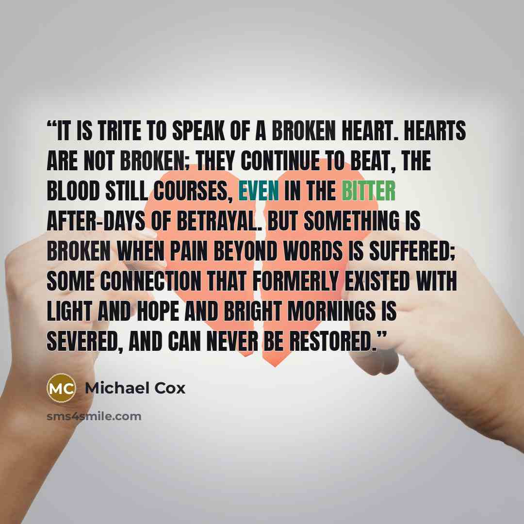 “It is trite to speak of a broken heart. Hearts are not broken; they continue to beat, the blood still courses, even in the bitter after-days of betrayal. but something is broken when pain beyond words is suffered; some connection that formerly existed with light and hope and bright mornings is…” quote by Michael Cox