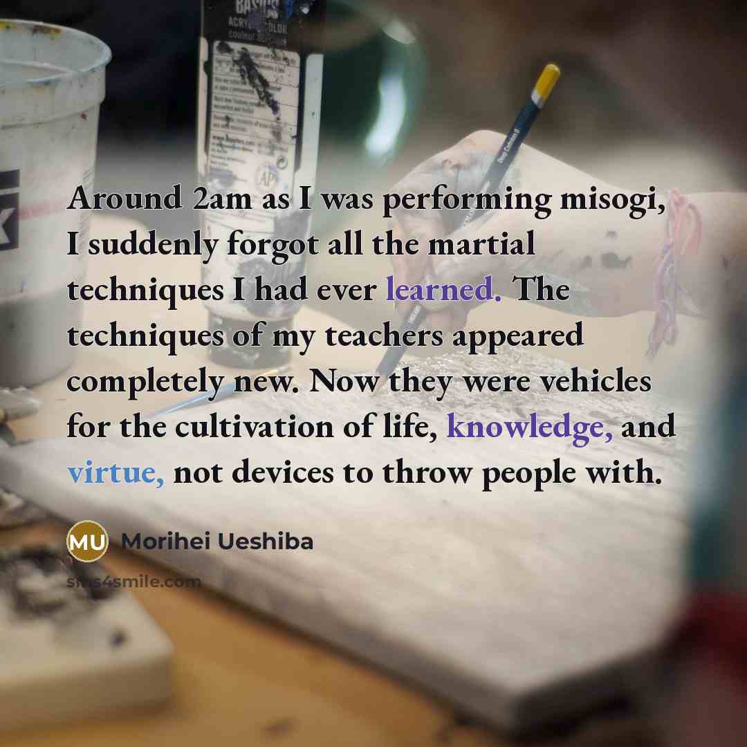 “Around 2am as I was performing misogi, I suddenly forgot all the martial techniques I had ever learned. The techniques of my teachers appeared completely new. Now they were vehicles for the cultivation of life, knowledge, and virtue, not devices to throw people with.” quote by Morihei Ueshiba