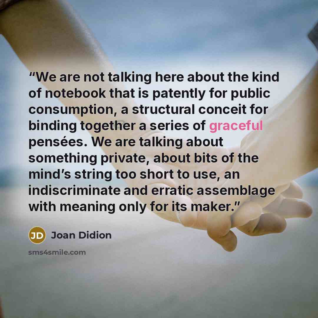 “We are not talking here about the kind of notebook that is patently for public consumption, a structural conceit for binding together a series of graceful pensées. We are talking about something private, about bits of the mind’s string too short to use, an indiscriminate and erratic assemblage…” quote by Joan Didion