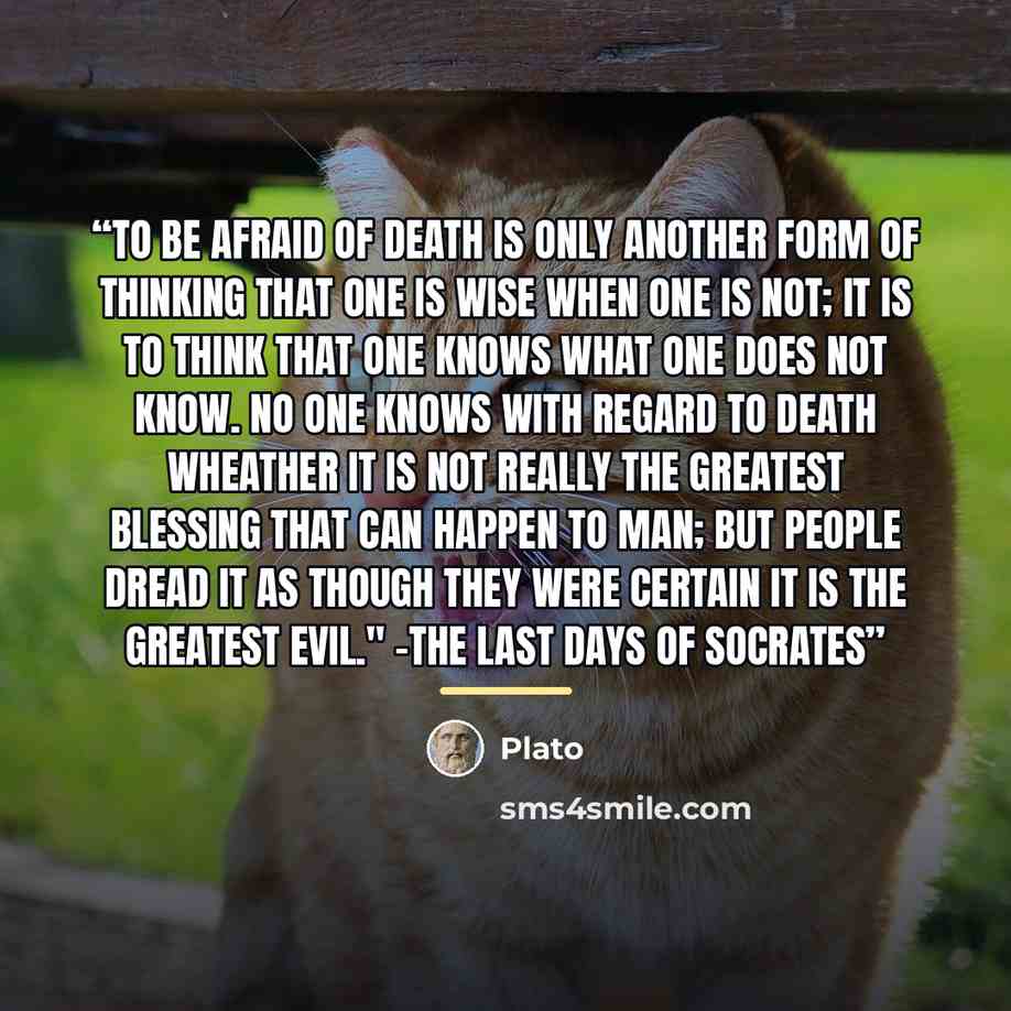“To be afraid of death is only another form of thinking that one is wise when one is not; it is to think that one knows what one does not know. No one knows with regard to death wheather it is not really the greatest blessing that can happen to man; but people dread it as though they were certain…” quote by Plato
