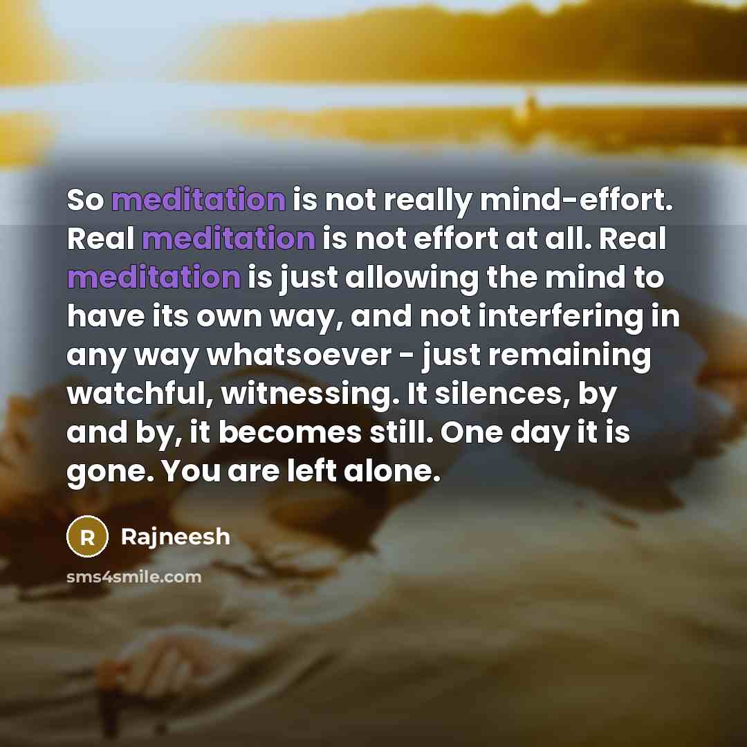 “So meditation is not really mind-effort. Real meditation is not effort at all. Real meditation is just allowing the mind to have its own way, and not interfering in any way whatsoever - just remaining watchful, witnessing. It silences, by and by, it becomes still. One day it is gone. You are left…” quote by Rajneesh