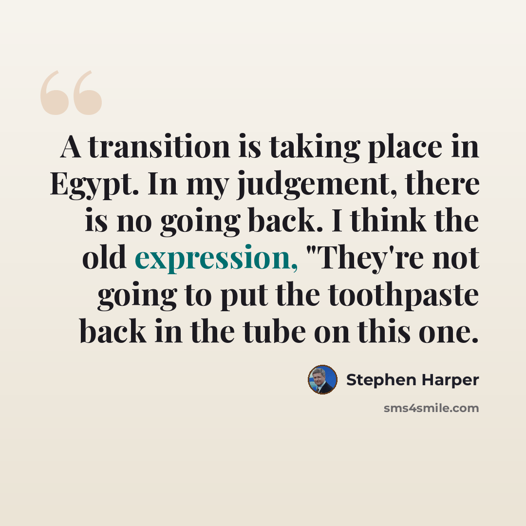 “A transition is taking place in Egypt. In my judgement, there is no going back. I think the old expression, "They're not going to put the toothpaste back in the tube on this one.” quote by Stephen Harper