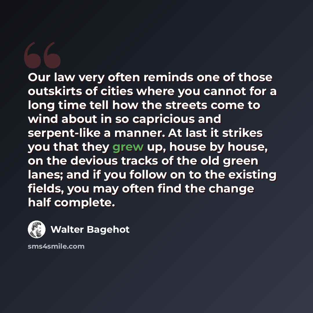 “Our law very often reminds one of those outskirts of cities where you cannot for a long time tell how the streets come to wind about in so capricious and serpent-like a manner. At last it strikes you that they grew up, house by house, on the devious tracks of the old green lanes; and if you follow…” quote by Walter Bagehot