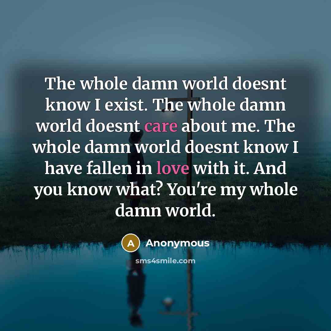 “The whole damn world doesnt know I exist. The whole damn world doesnt care about me. The whole damn world doesnt know I have fallen in love with it. And you know what? You're my whole damn world.” quote by Anonymous