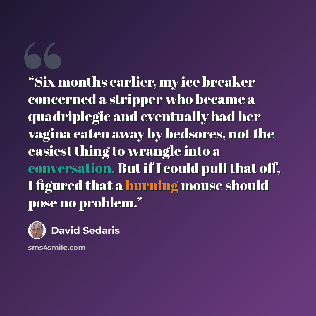 “Six months earlier, my ice breaker concerned a stripper who became a quadriplegic and eventually had her vagina eaten away by bedsores, not the easiest thing to wrangle into a conversation. But if I could pull that off, I figured that a burning mouse should pose no problem.” quote by David Sedaris