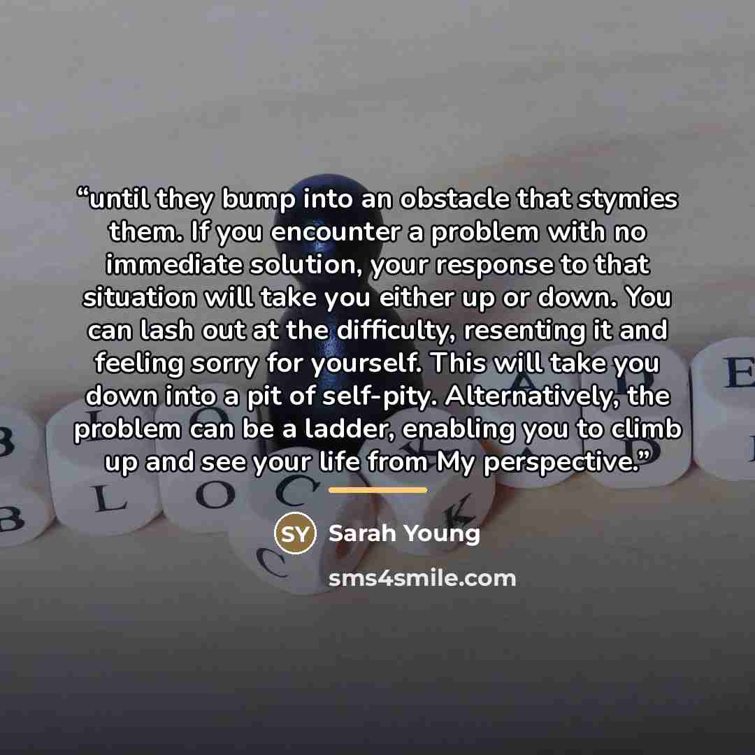 “until they bump into an obstacle that stymies them. If you encounter a problem with no immediate solution, your response to that situation will take you either up or down. You can lash out at the difficulty, resenting it and feeling sorry for yourself. This will take you down into a pit of…” quote by Sarah Young