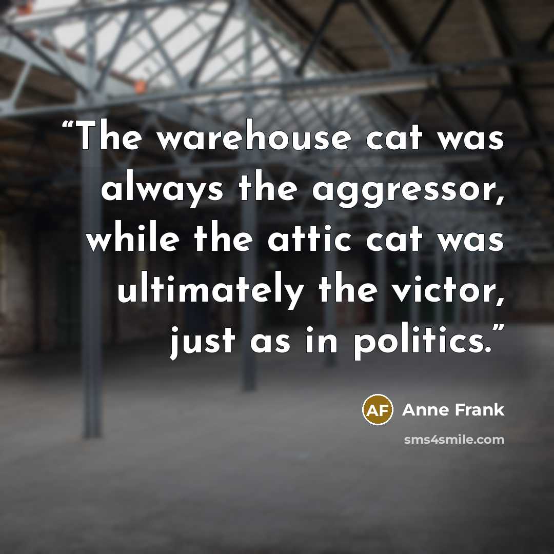 “The warehouse cat was always the aggressor, while the attic cat was ultimately the victor, just as in politics.” quote by Anne Frank