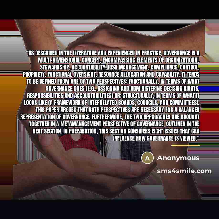 “As described in the literature and experienced in practice, governance is a multi-dimensional concept, encompassing elements of organizational stewardship, accountability, risk management, compliance, control, propriety, functional oversight, resource allocation and capability. It tends to be…” quote by Anonymous