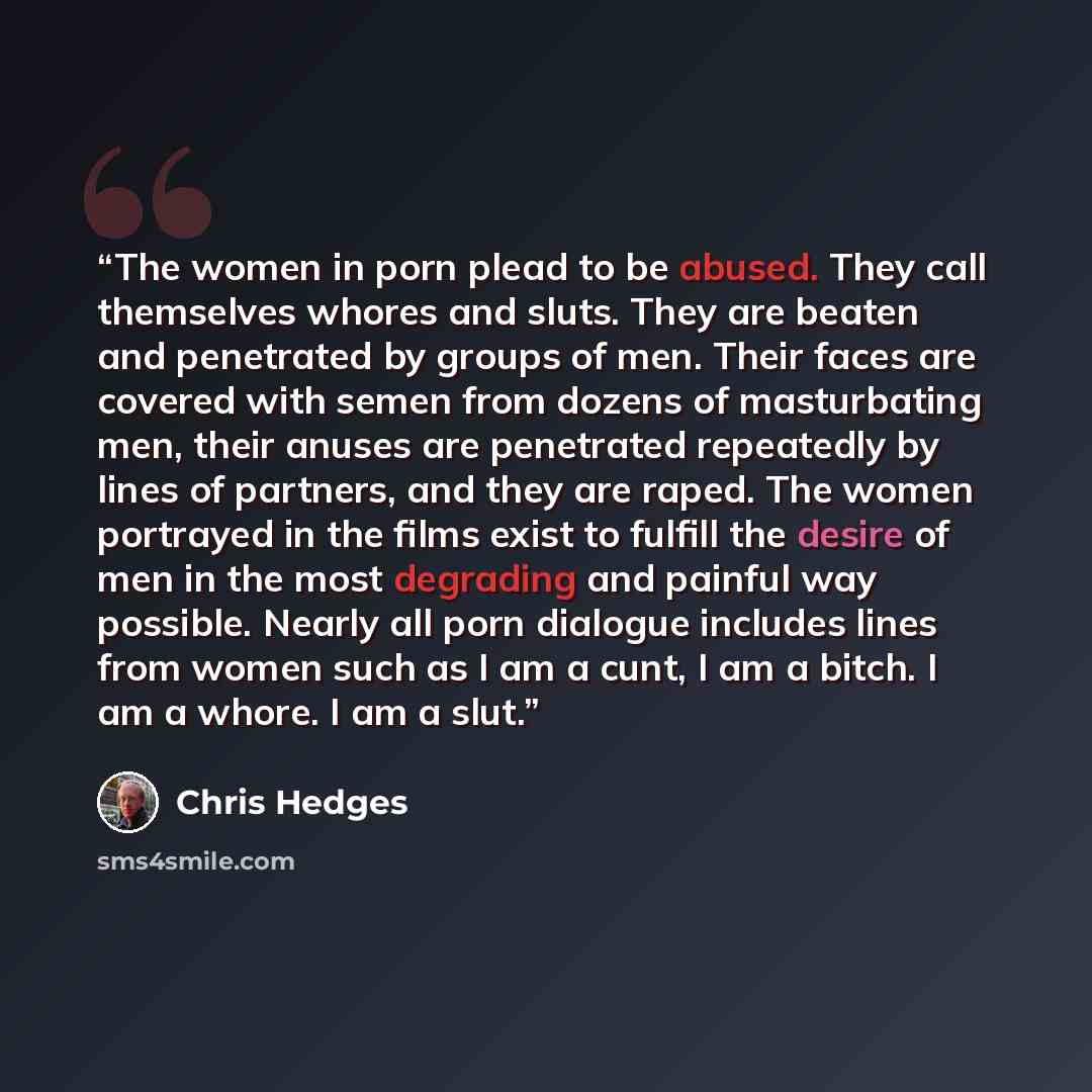 “The women in porn plead to be abused. They call themselves whores and sluts. They are beaten and penetrated by groups of men. Their faces are covered with semen from dozens of masturbating men, their anuses are penetrated repeatedly by lines of partners, and they are raped. The women portrayed in…” quote by Chris Hedges