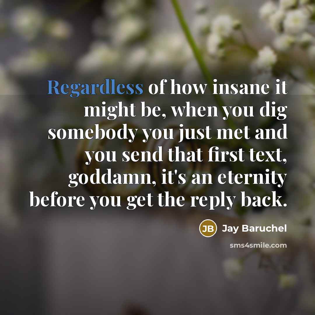 “Regardless of how insane it might be, when you dig somebody you just met and you send that first text, goddamn, it's an eternity before you get the reply back.” quote by Jay Baruchel