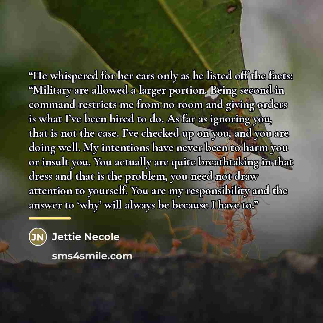 “He whispered for her ears only as he listed off the facts: “Military are allowed a larger portion. Being second in command restricts me from no room and giving orders is what I’ve been hired to do. As far as ignoring you, that is not the case. I’ve checked up on you, and you are doing well. My…” quote by Jettie Necole