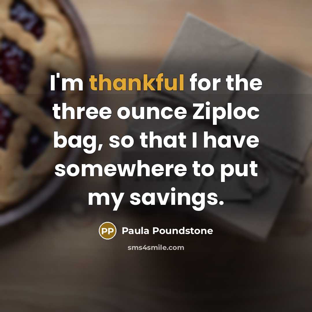 “I'm thankful for the three ounce Ziploc bag, so that I have somewhere to put my savings.” quote by Paula Poundstone