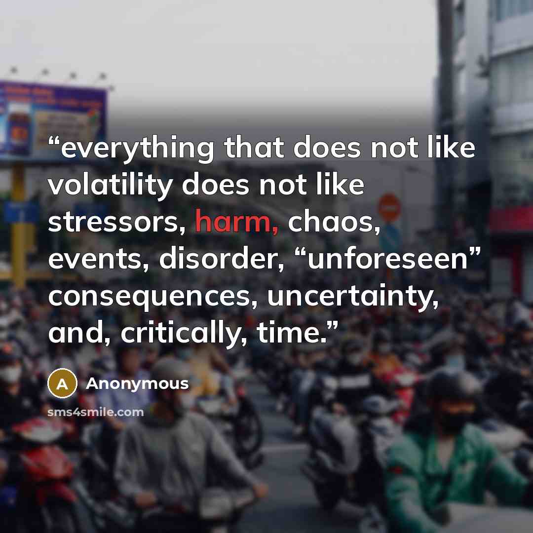“everything that does not like volatility does not like stressors, harm, chaos, events, disorder, “unforeseen” consequences, uncertainty, and, critically, time.” quote by Anonymous