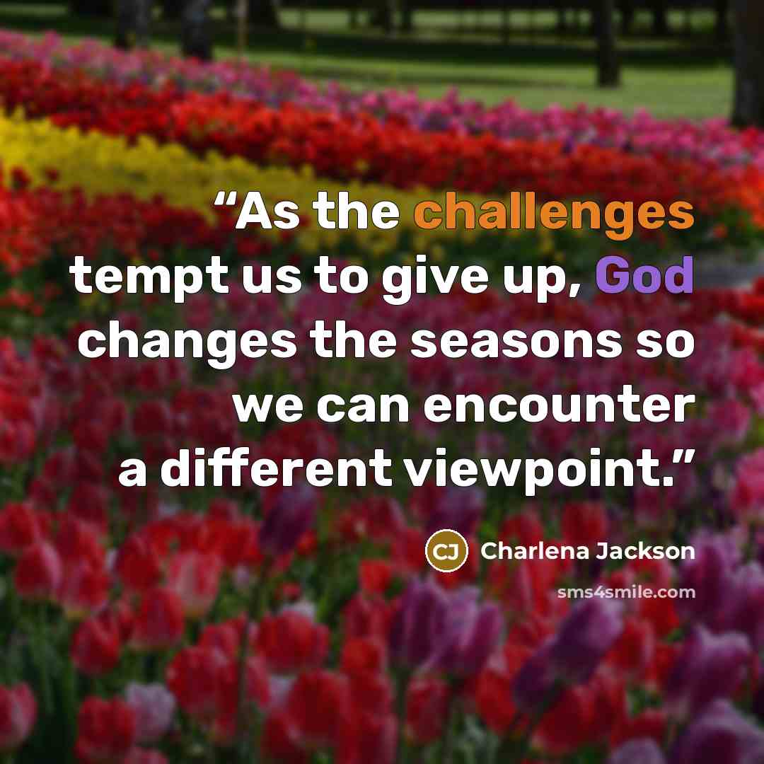 “As the challenges tempt us to give up, God changes the seasons so we can encounter a different viewpoint.” quote by Charlena Jackson