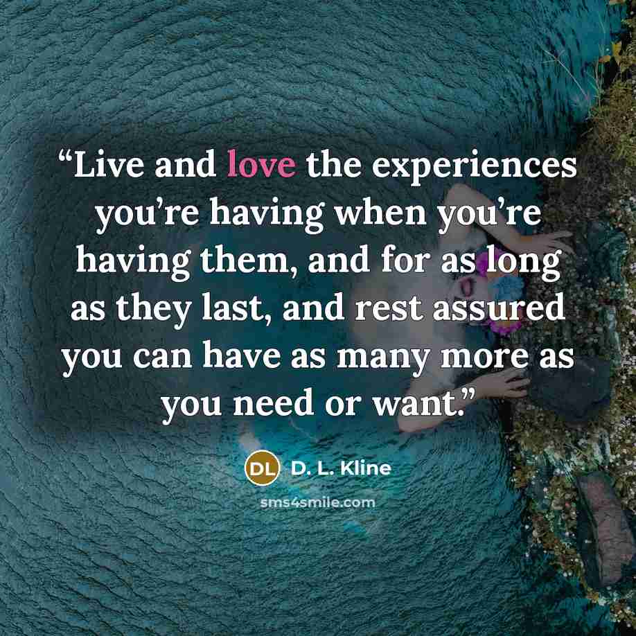 “Live and love the experiences you’re having when you’re having them, and for as long as they last, and rest assured you can have as many more as you need or want.” quote by D. L. Kline