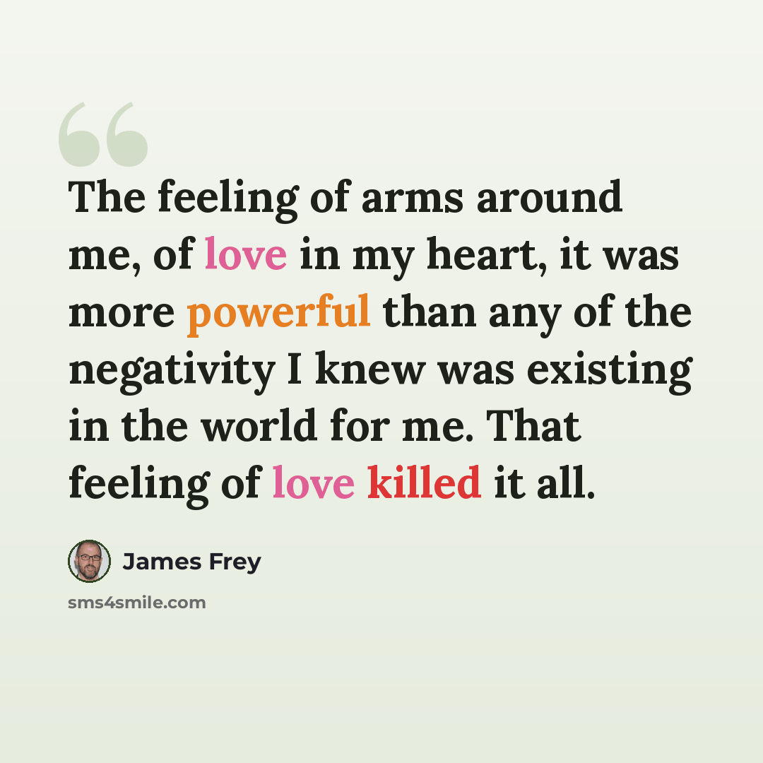 “The feeling of arms around me, of love in my heart, it was more powerful than any of the negativity I knew was existing in the world for me. That feeling of love killed it all.” quote by James Frey