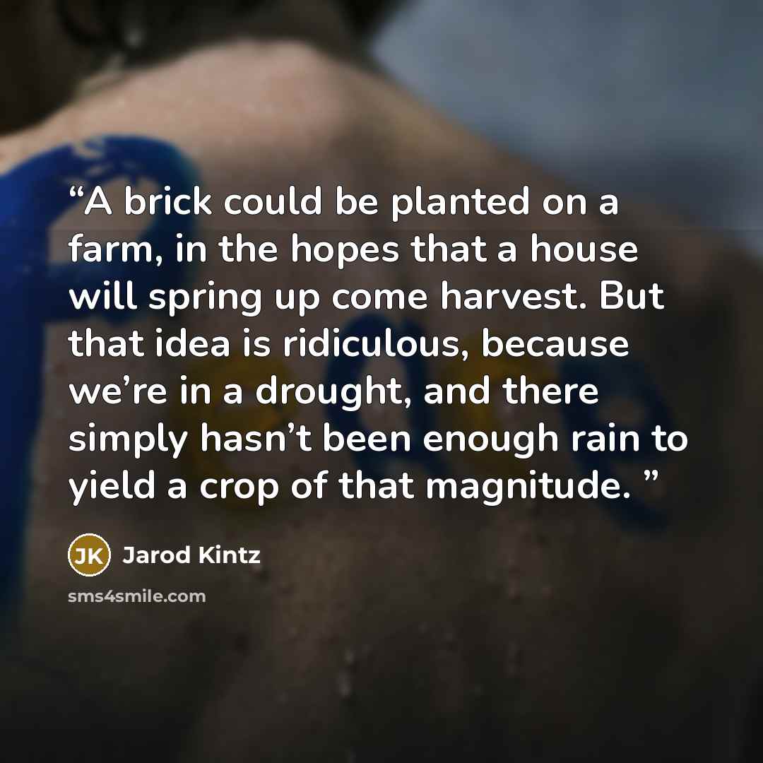 “A brick could be planted on a farm, in the hopes that a house will spring up come harvest. But that idea is ridiculous, because we’re in a drought, and there simply hasn’t been enough rain to yield a crop of that magnitude.” quote by Jarod Kintz