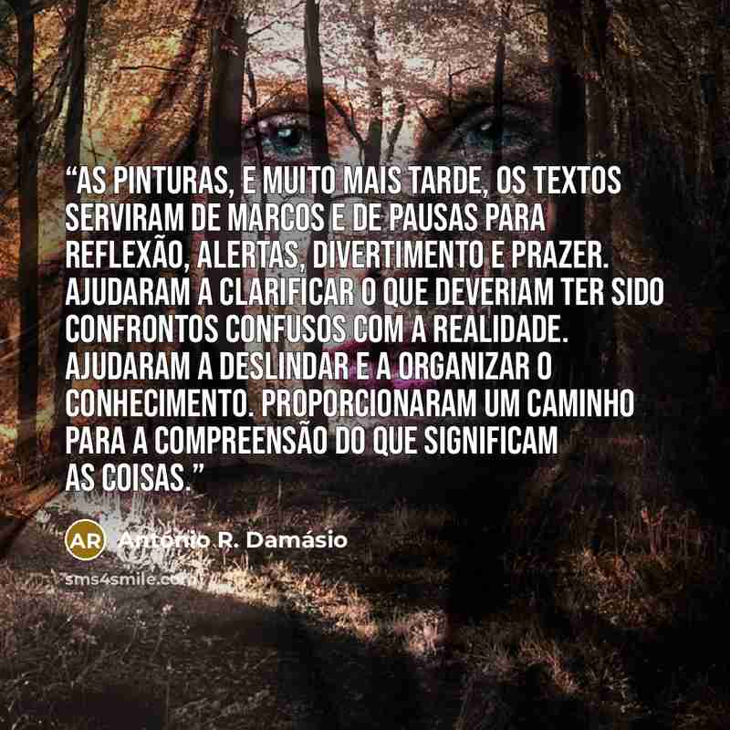 “As pinturas, e muito mais tarde, os textos serviram de marcos e de pausas para reflexão, alertas, divertimento e prazer. Ajudaram a clarificar o que deveriam ter sido confrontos confusos com a realidade. Ajudaram a deslindar e a organizar o conhecimento. Proporcionaram um caminho para a…” quote by António R. Damásio