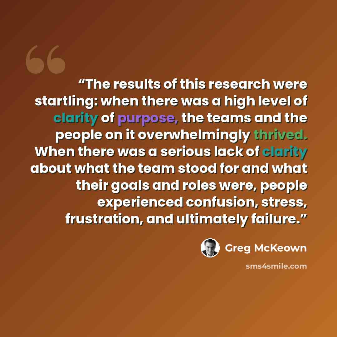 “The results of this research were startling: when there was a high level of clarity of purpose, the teams and the people on it overwhelmingly thrived. When there was a serious lack of clarity about what the team stood for and what their goals and roles were, people experienced confusion, stress…” quote by Greg McKeown