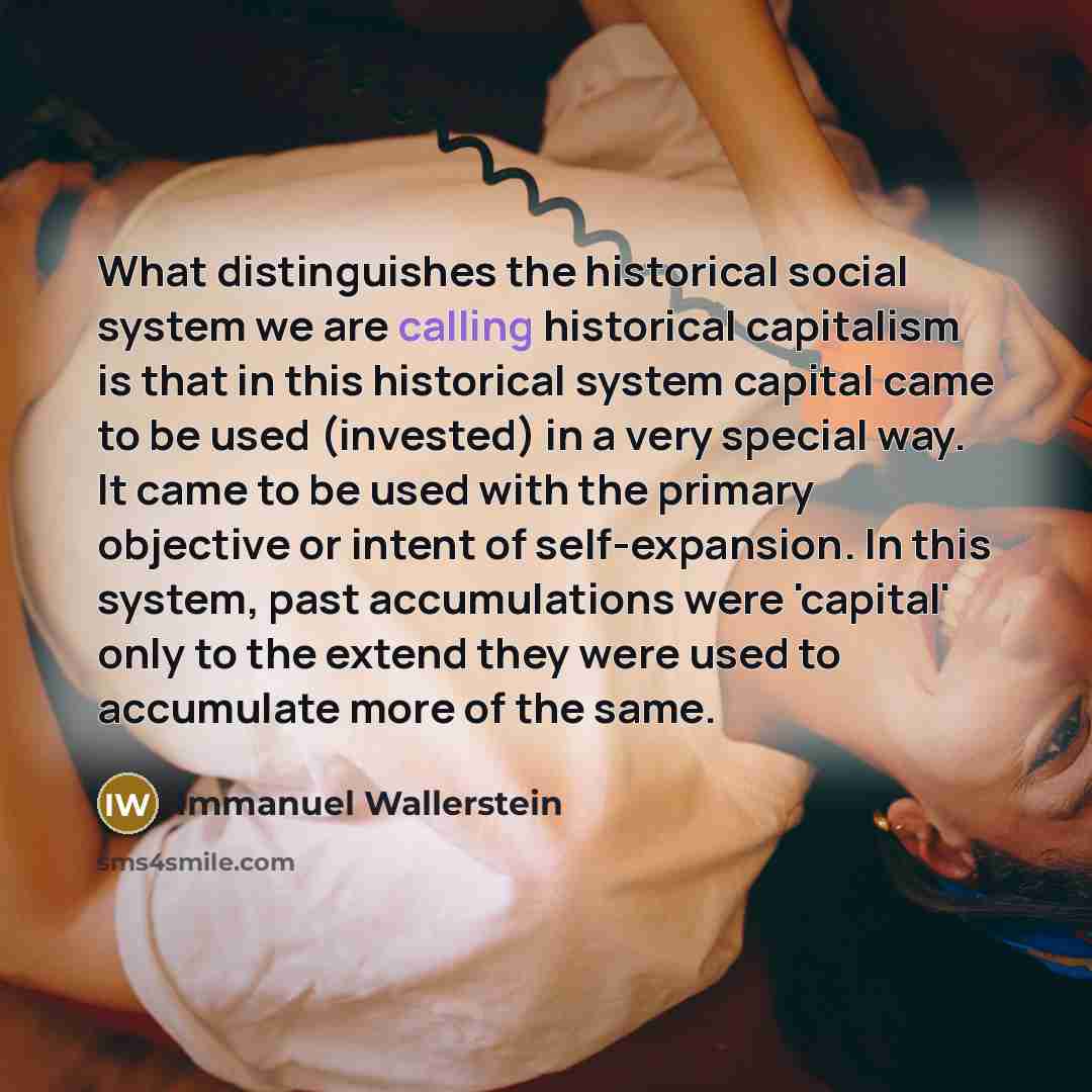 “What distinguishes the historical social system we are calling historical capitalism is that in this historical system capital came to be used (invested) in a very special way. It came to be used with the primary objective or intent of self-expansion. In this system, past accumulations were…” quote by Immanuel Wallerstein