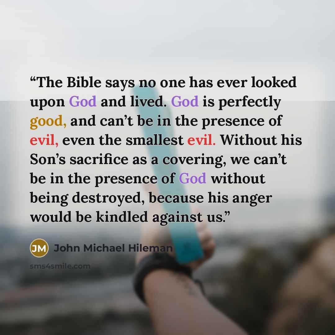“The Bible says no one has ever looked upon God and lived. God is perfectly good, and can’t be in the presence of evil, even the smallest evil. Without his Son’s sacrifice as a covering, we can’t be in the presence of God without being destroyed, because his anger would be kindled against us.” quote by John Michael Hileman