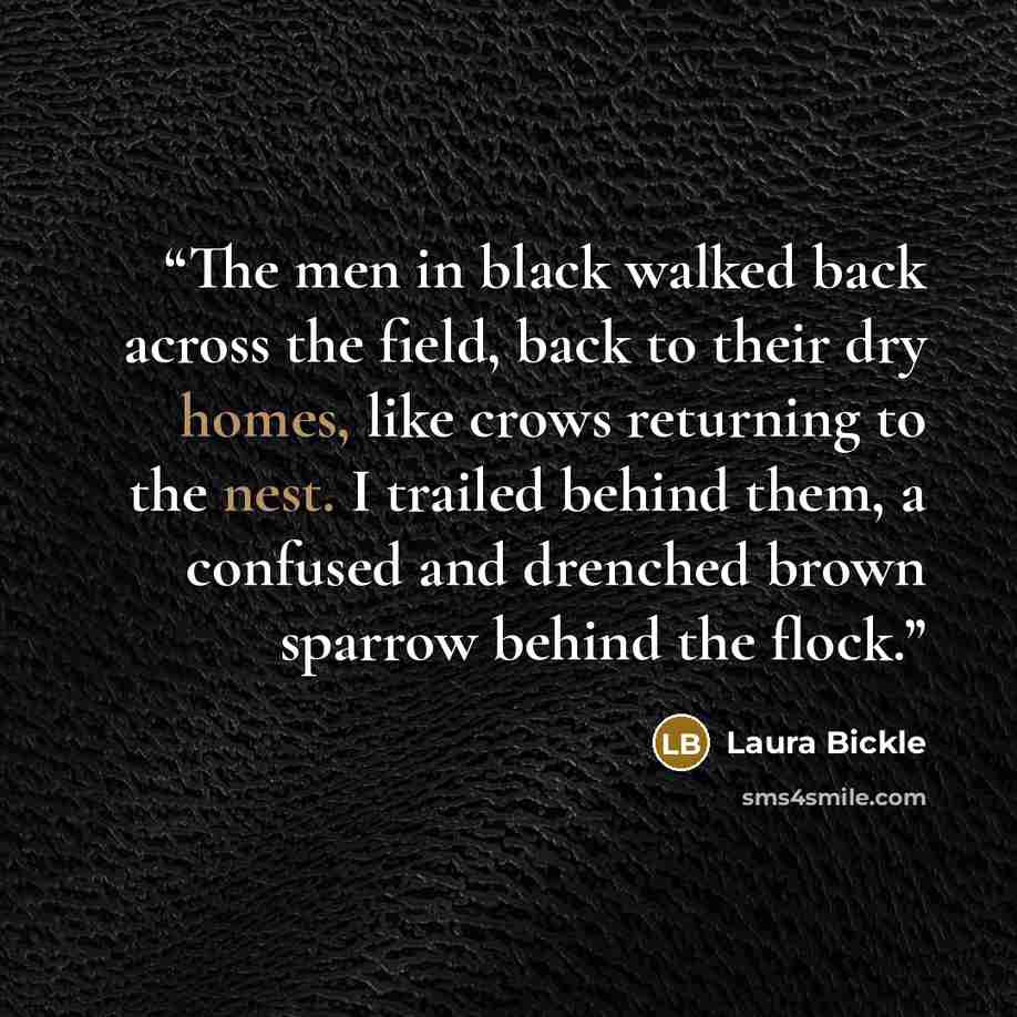 “The men in black walked back across the field, back to their dry homes, like crows returning to the nest. I trailed behind them, a confused and drenched brown sparrow behind the flock.” quote by Laura Bickle