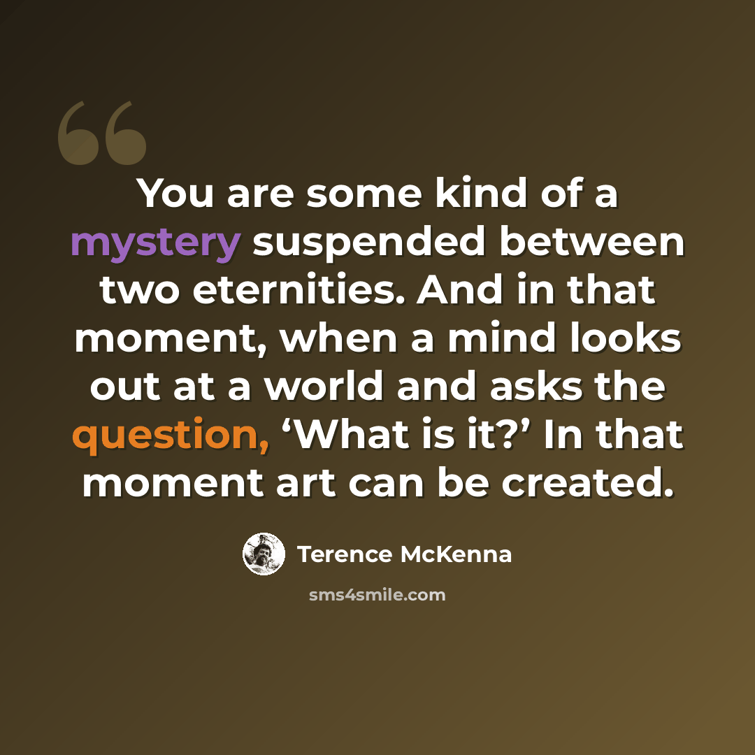 “You are some kind of a mystery suspended between two eternities. And in that moment, when a mind looks out at a world and asks the question, ‘What is it?’ In that moment art can be created.” quote by Terence McKenna