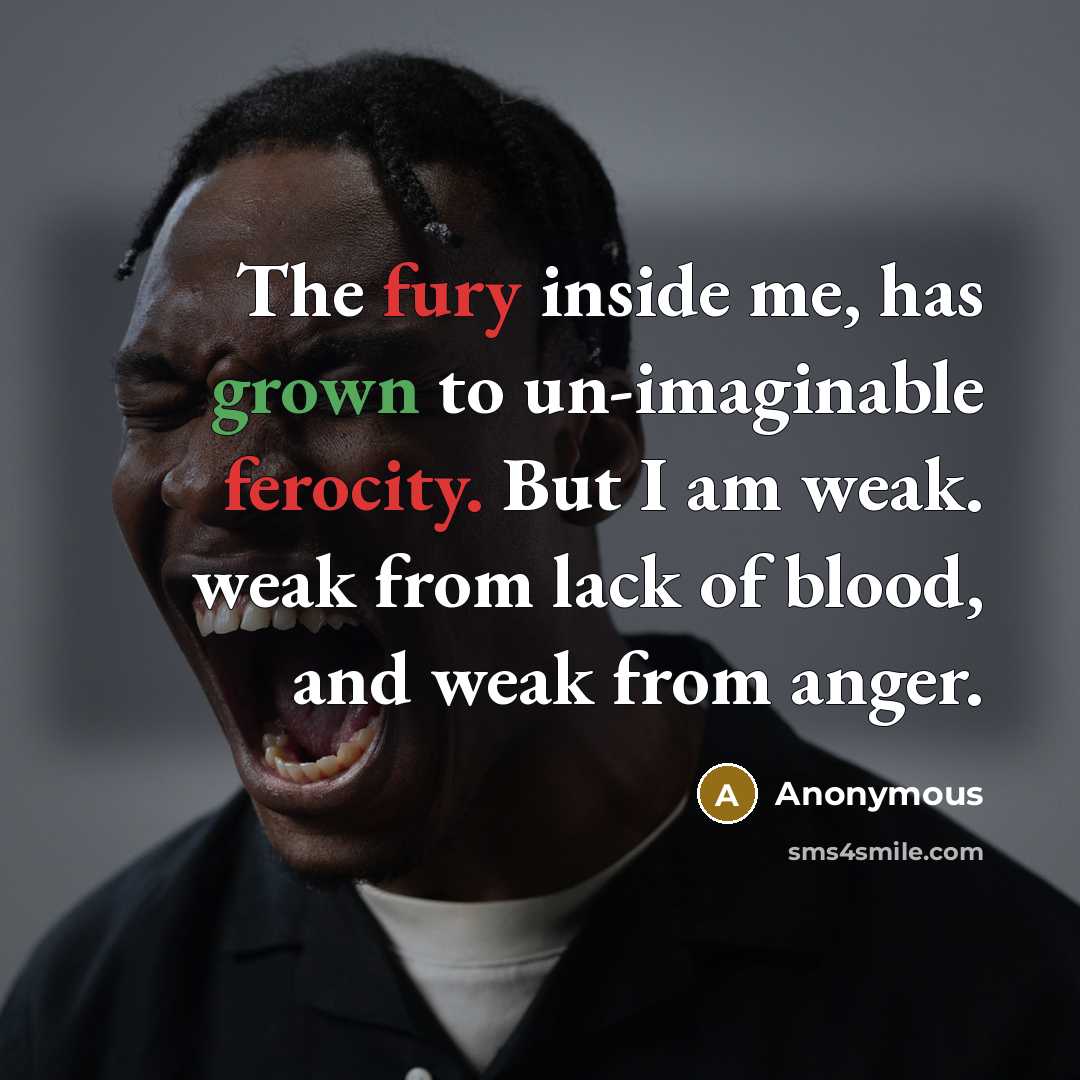 “The fury inside me, has grown to un-imaginable ferocity. But I am weak. weak from lack of blood, and weak from anger.” quote by Anonymous