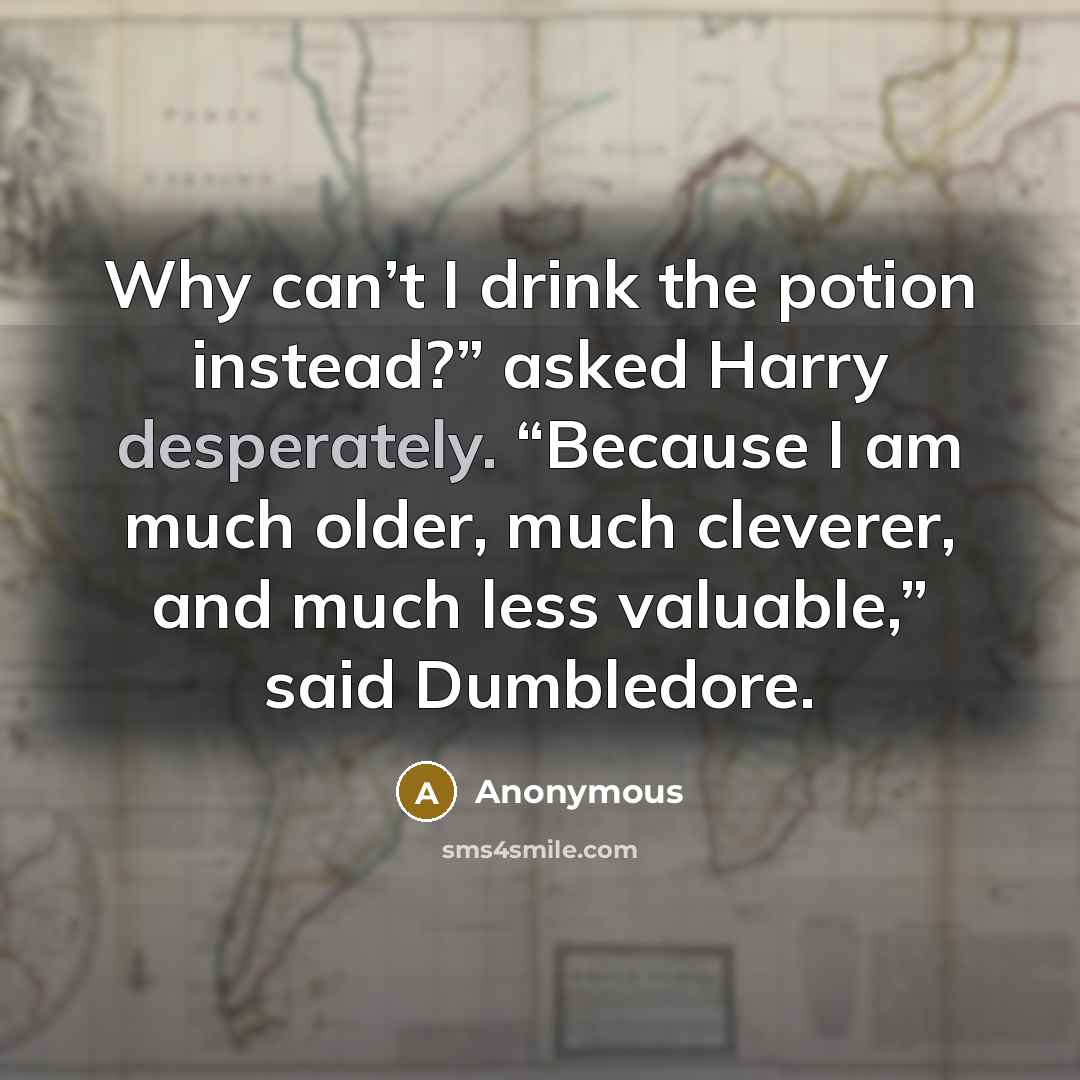 “Why can’t I drink the potion instead?” asked Harry desperately. “Because I am much older, much cleverer, and much less valuable,” said Dumbledore.” quote by Anonymous