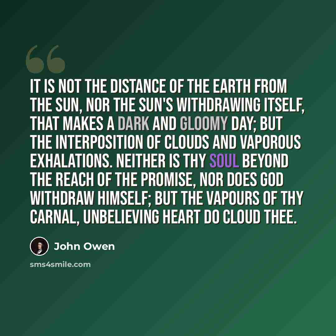 “It is not the distance of the earth from the sun, nor the sun's withdrawing itself, that makes a dark and gloomy day; but the interposition of clouds and vaporous exhalations. Neither is thy soul beyond the reach of the promise, nor does God withdraw Himself; but the vapours of thy carnal…” quote by John Owen