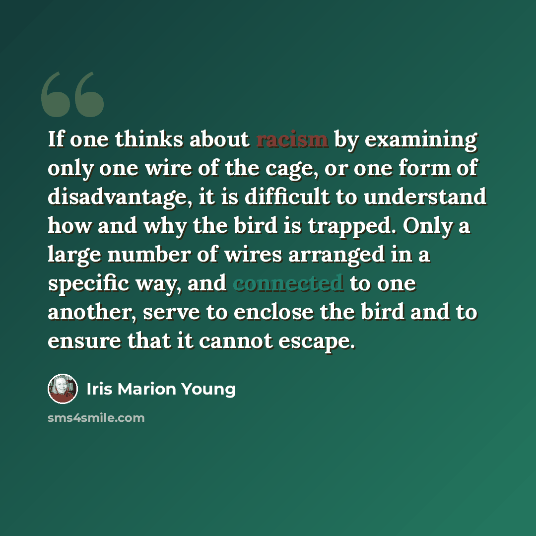 “If one thinks about racism by examining only one wire of the cage, or one form of disadvantage, it is difficult to understand how and why the bird is trapped. Only a large number of wires arranged in a specific way, and connected to one another, serve to enclose the bird and to ensure that it…” quote by Iris Marion Young