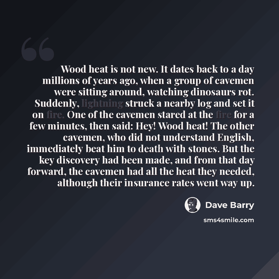 “Wood heat is not new. It dates back to a day millions of years ago, when a group of cavemen were sitting around, watching dinosaurs rot. Suddenly, lightning struck a nearby log and set it on fire. One of the cavemen stared at the fire for a few minutes, then said: Hey! Wood heat! The other…” quote by Dave Barry