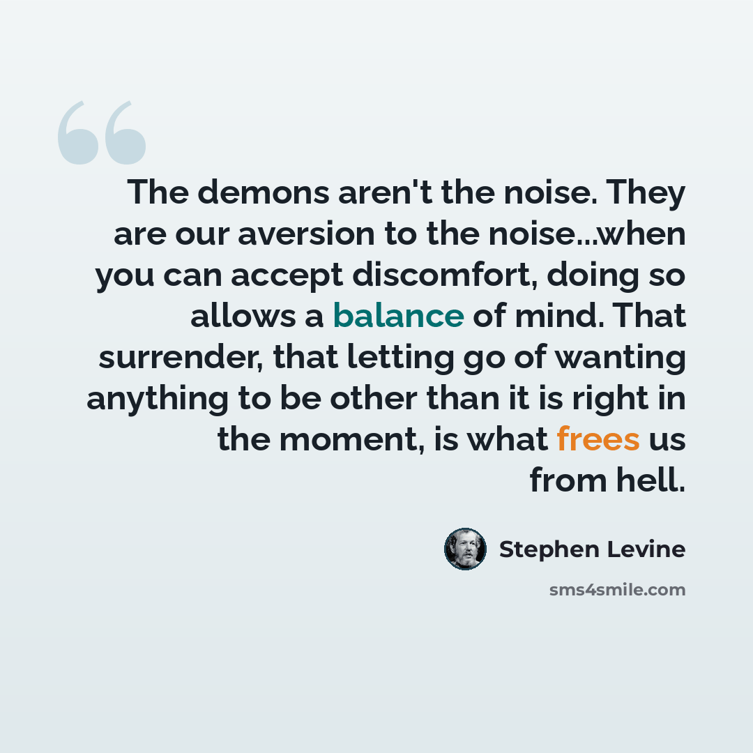 “The demons aren't the noise. They are our aversion to the noise...when you can accept discomfort, doing so allows a balance of mind. That surrender, that letting go of wanting anything to be other than it is right in the moment, is what frees us from hell.” quote by Stephen Levine