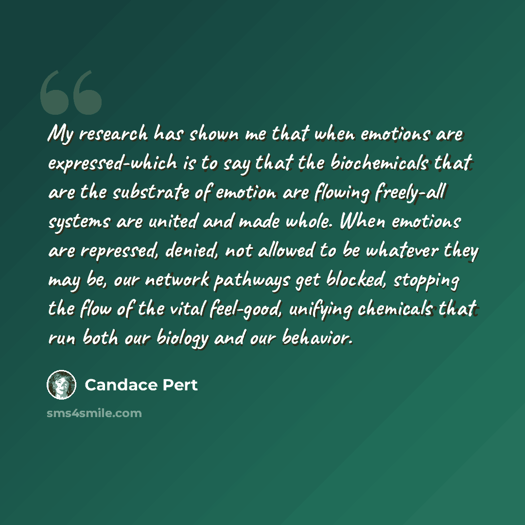 “My research has shown me that when emotions are expressed-which is to say that the biochemicals that are the substrate of emotion are flowing freely-all systems are united and made whole. When emotions are repressed, denied, not allowed to be whatever they may be, our network pathways get blocked…” quote by Candace Pert