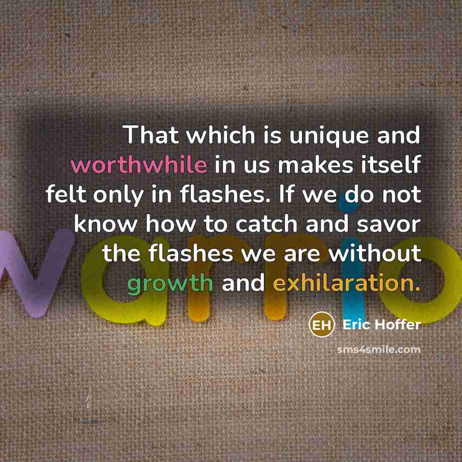 “That which is unique and worthwhile in us makes itself felt only in flashes. If we do not know how to catch and savor the flashes we are without growth and exhilaration.” quote by Eric Hoffer