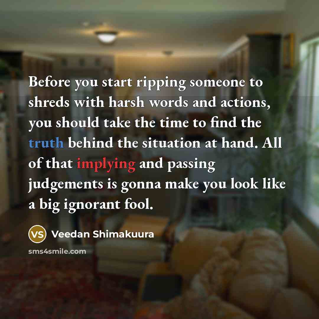 “Before you start ripping someone to shreds with harsh words and actions, you should take the time to find the truth behind the situation at hand. All of that implying and passing judgements is gonna make you look like a big ignorant fool.” quote by Veedan Shimakuura