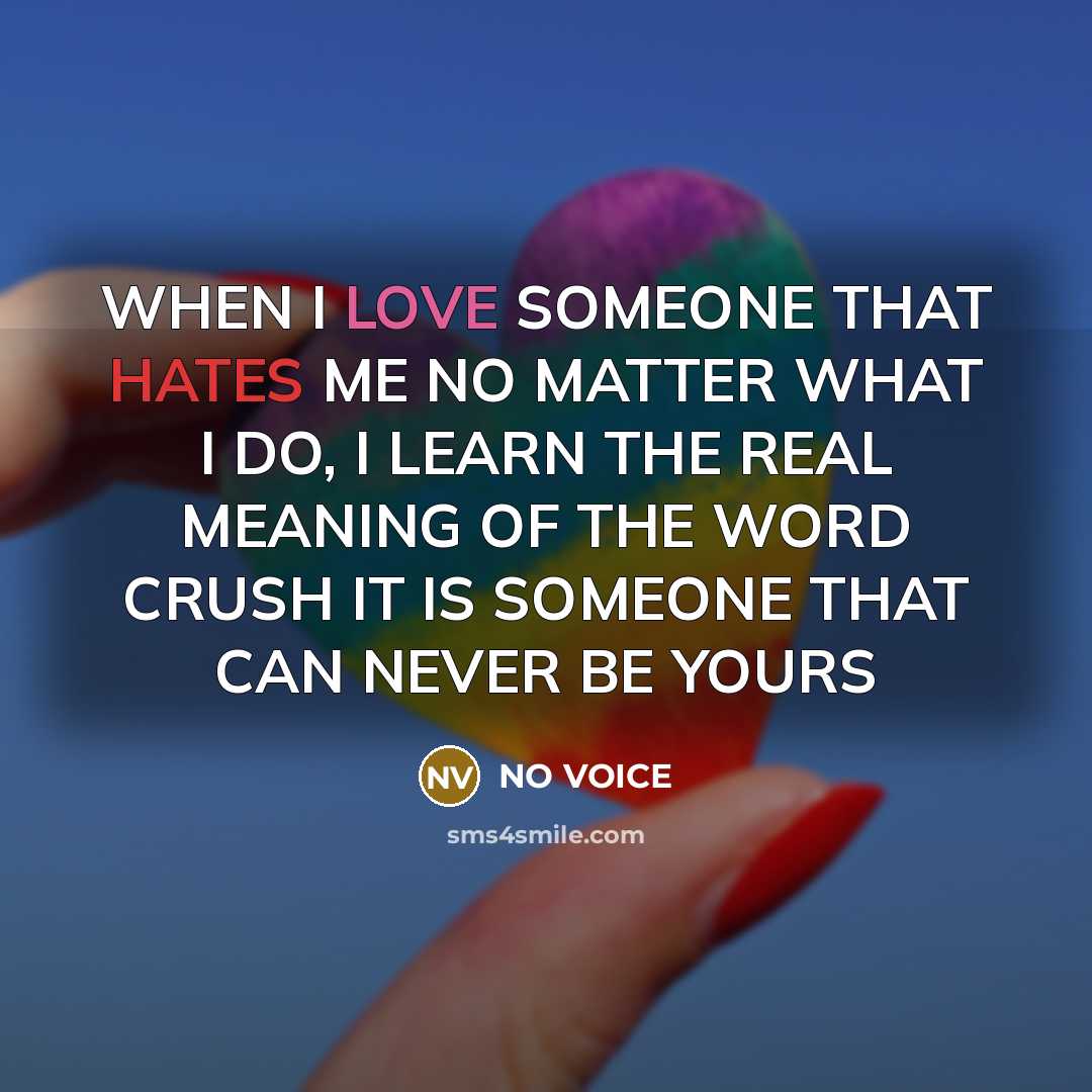 “WHEN I LOVE SOMEONE THAT HATES ME NO MATTER WHAT I DO, I LEARN THE REAL MEANING OF THE WORD CRUSH IT IS SOMEONE THAT CAN NEVER BE YOURS” quote by NO VOICE