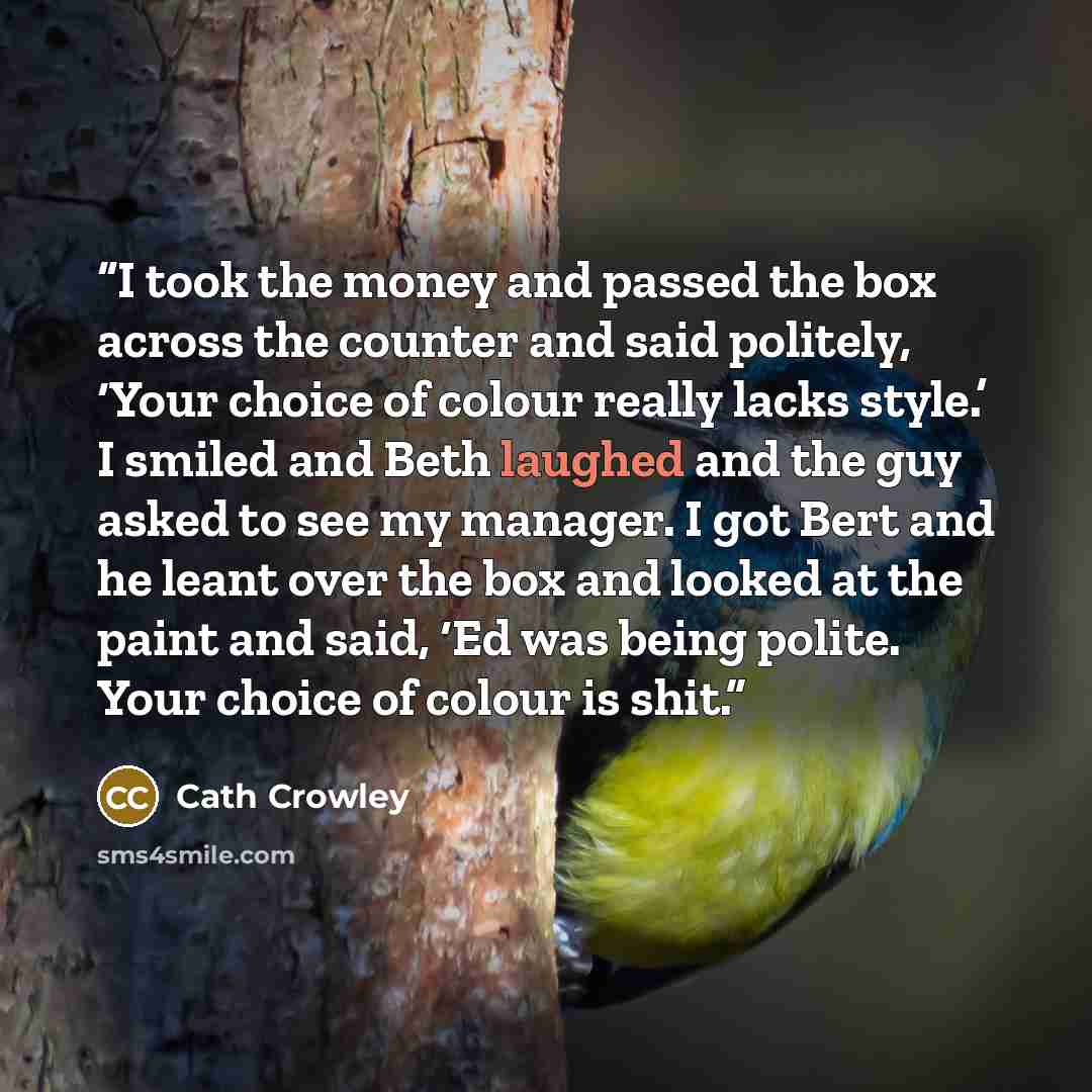 “I took the money and passed the box across the counter and said politely, ‘Your choice of colour really lacks style.’ I smiled and Beth laughed and the guy asked to see my manager. I got Bert and he leant over the box and looked at the paint and said, ‘Ed was being polite. Your choice of colour is…” quote by Cath Crowley