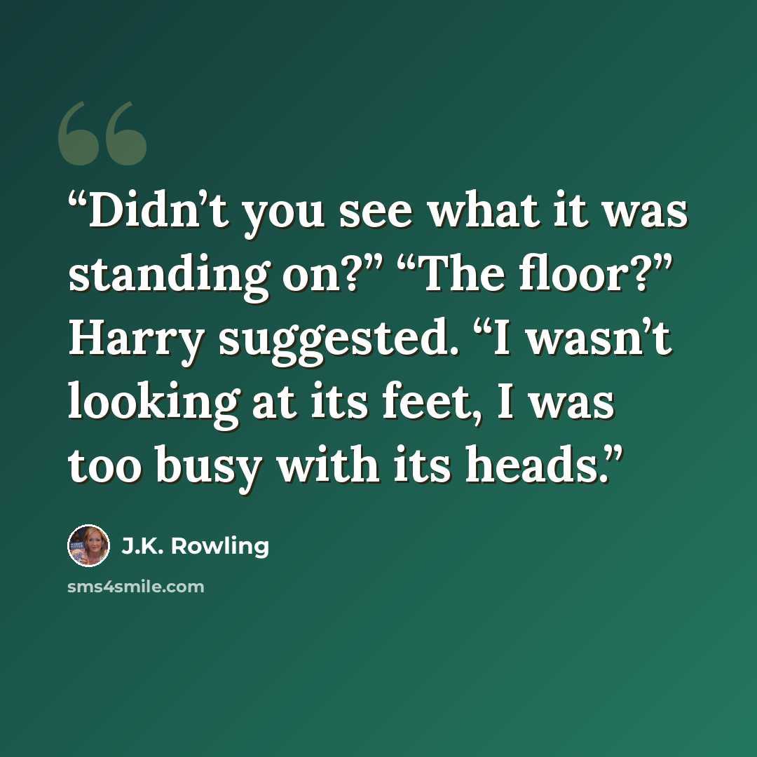 “Didn’t you see what it was standing on?” “The floor?” Harry suggested. “I wasn’t looking at its feet, I was too busy with its heads.” quote by J.K. Rowling