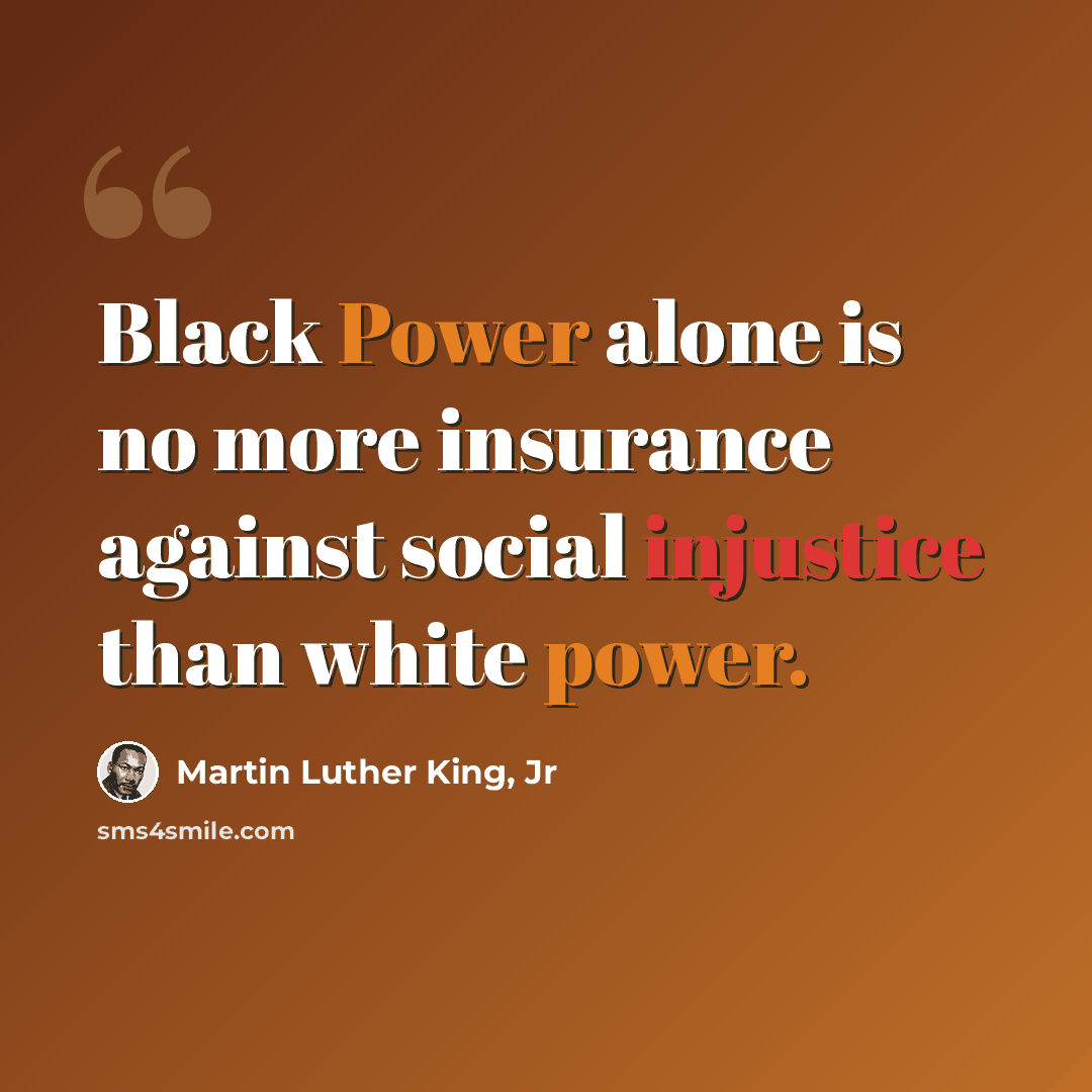 “Black Power alone is no more insurance against social injustice than white power.” quote by Martin Luther King, Jr