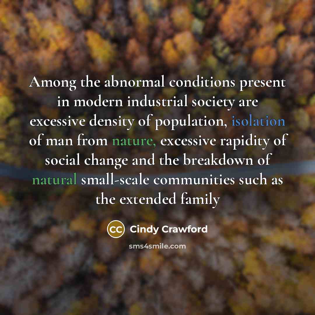 “Among the abnormal conditions present in modern industrial society are excessive density of population, isolation of man from nature, excessive rapidity of social change and the breakdown of natural small-scale communities such as the extended family” quote by Cindy Crawford