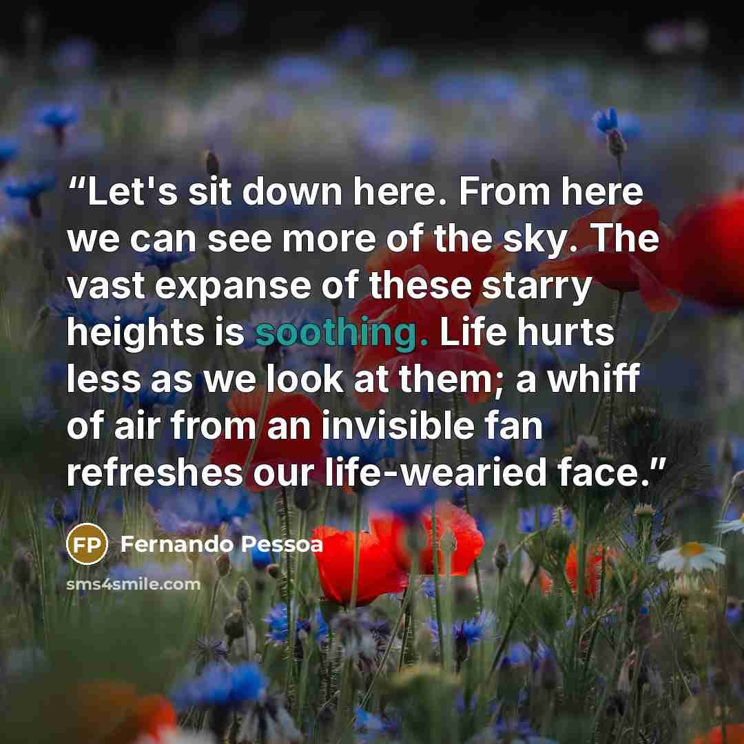 “Let's sit down here. From here we can see more of the sky. The vast expanse of these starry heights is soothing. Life hurts less as we look at them; a whiff of air from an invisible fan refreshes our life-wearied face.” quote by Fernando Pessoa