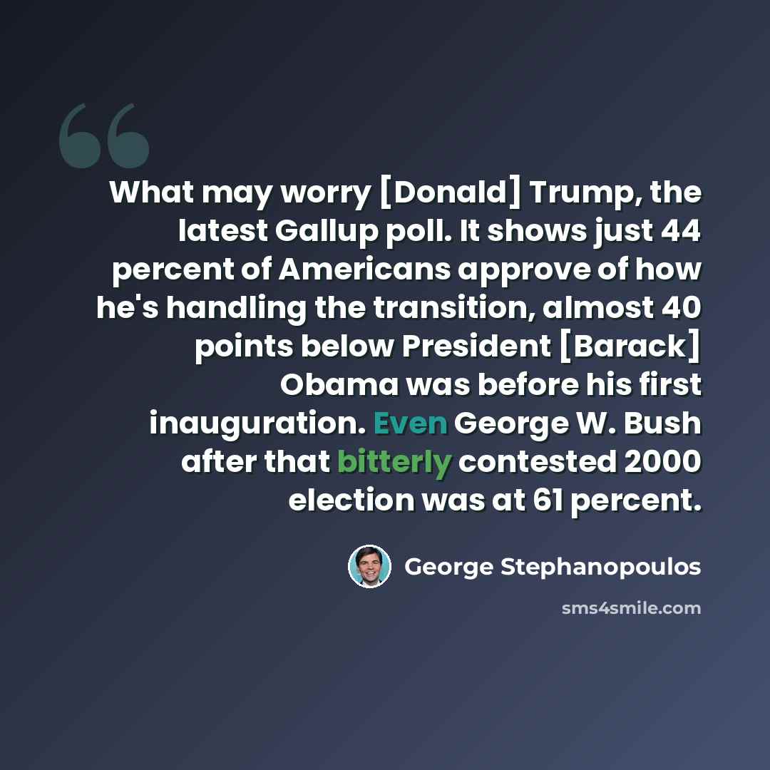 “What may worry [Donald] Trump, the latest Gallup poll. It shows just 44 percent of Americans approve of how he's handling the transition, almost 40 points below President [Barack] Obama was before his first inauguration. Even George W. Bush after that bitterly contested 2000 election was at 61…” quote by George Stephanopoulos