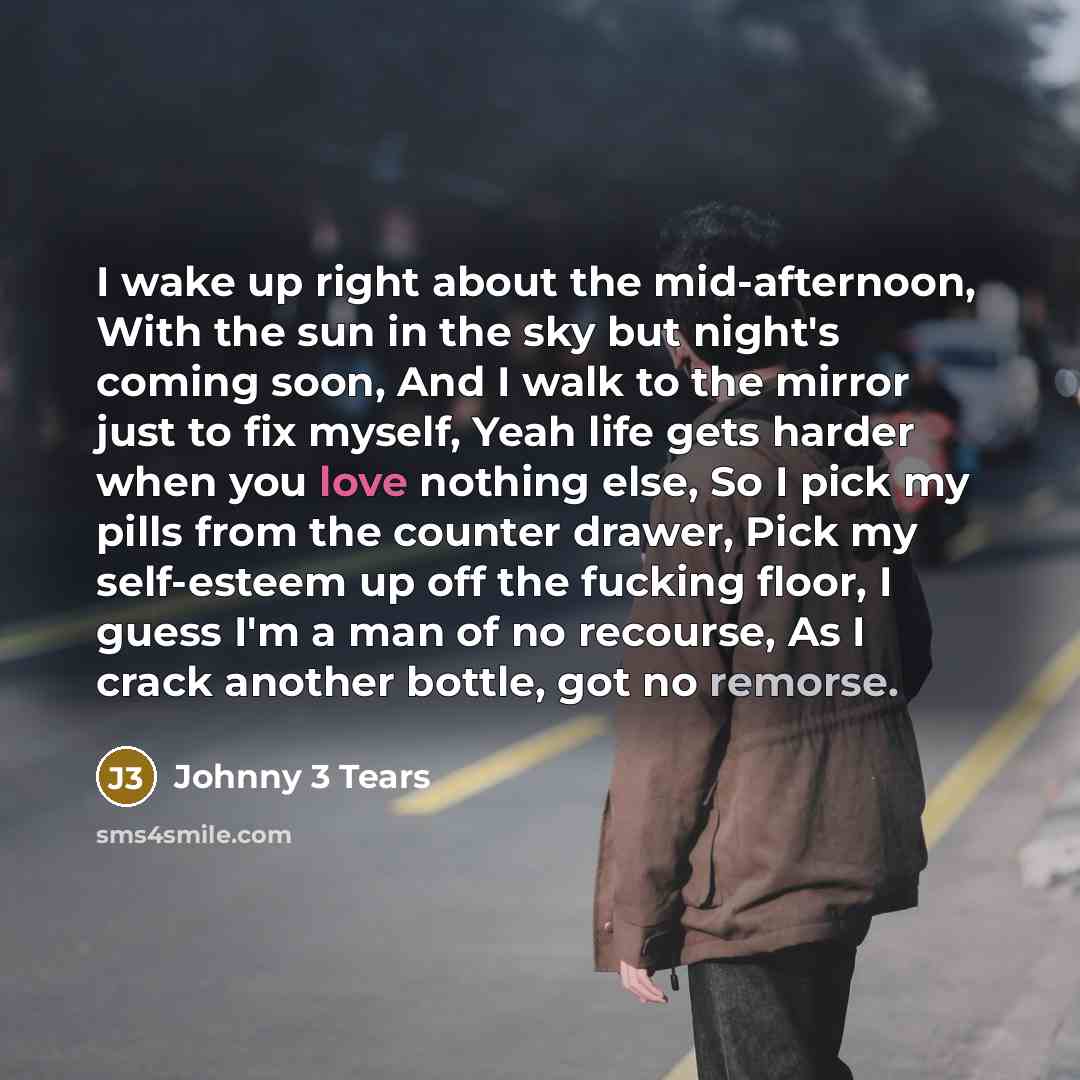 “I wake up right about the mid-afternoon, With the sun in the sky but night's coming soon, And I walk to the mirror just to fix myself, Yeah life gets harder when you love nothing else, So I pick my pills from the counter drawer, Pick my self-esteem up off the fucking floor, I guess I'm a man of no…” quote by Johnny 3 Tears