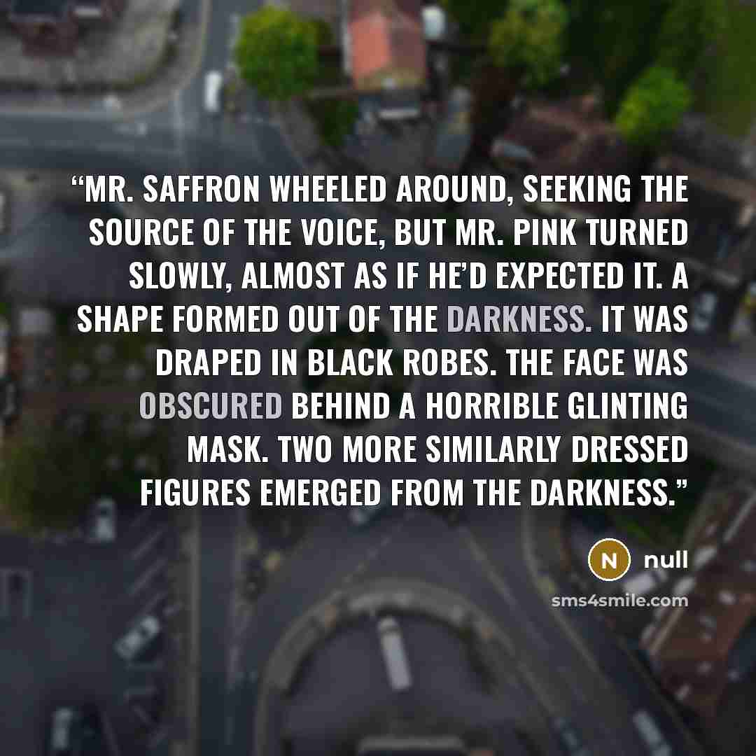 “Mr. Saffron wheeled around, seeking the source of the voice, but Mr. Pink turned slowly, almost as if he’d expected it. A shape formed out of the darkness. It was draped in black robes. The face was obscured behind a horrible glinting mask. Two more similarly dressed figures emerged from the…” quote by null