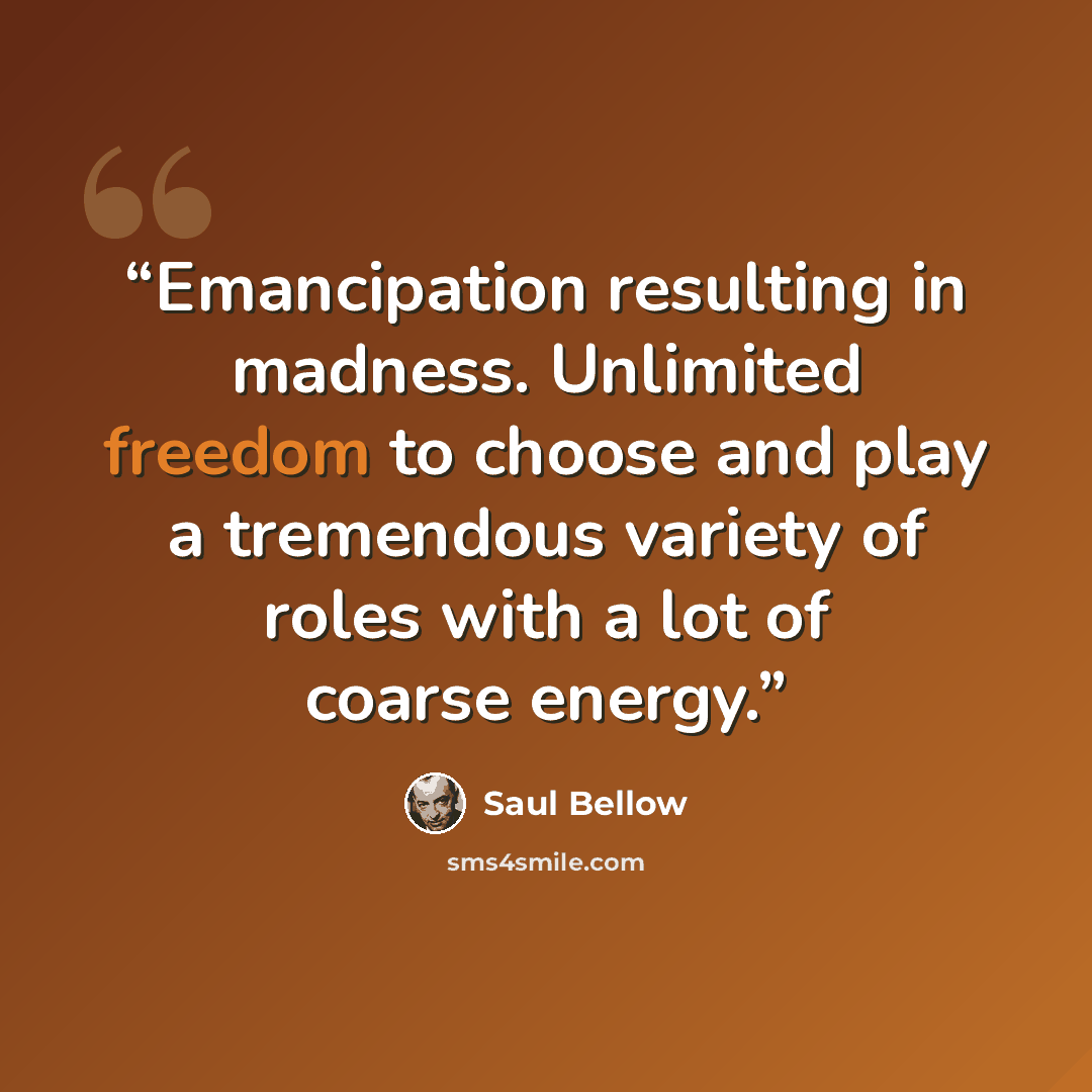 “Emancipation resulting in madness. Unlimited freedom to choose and play a tremendous variety of roles with a lot of coarse energy.” quote by Saul Bellow