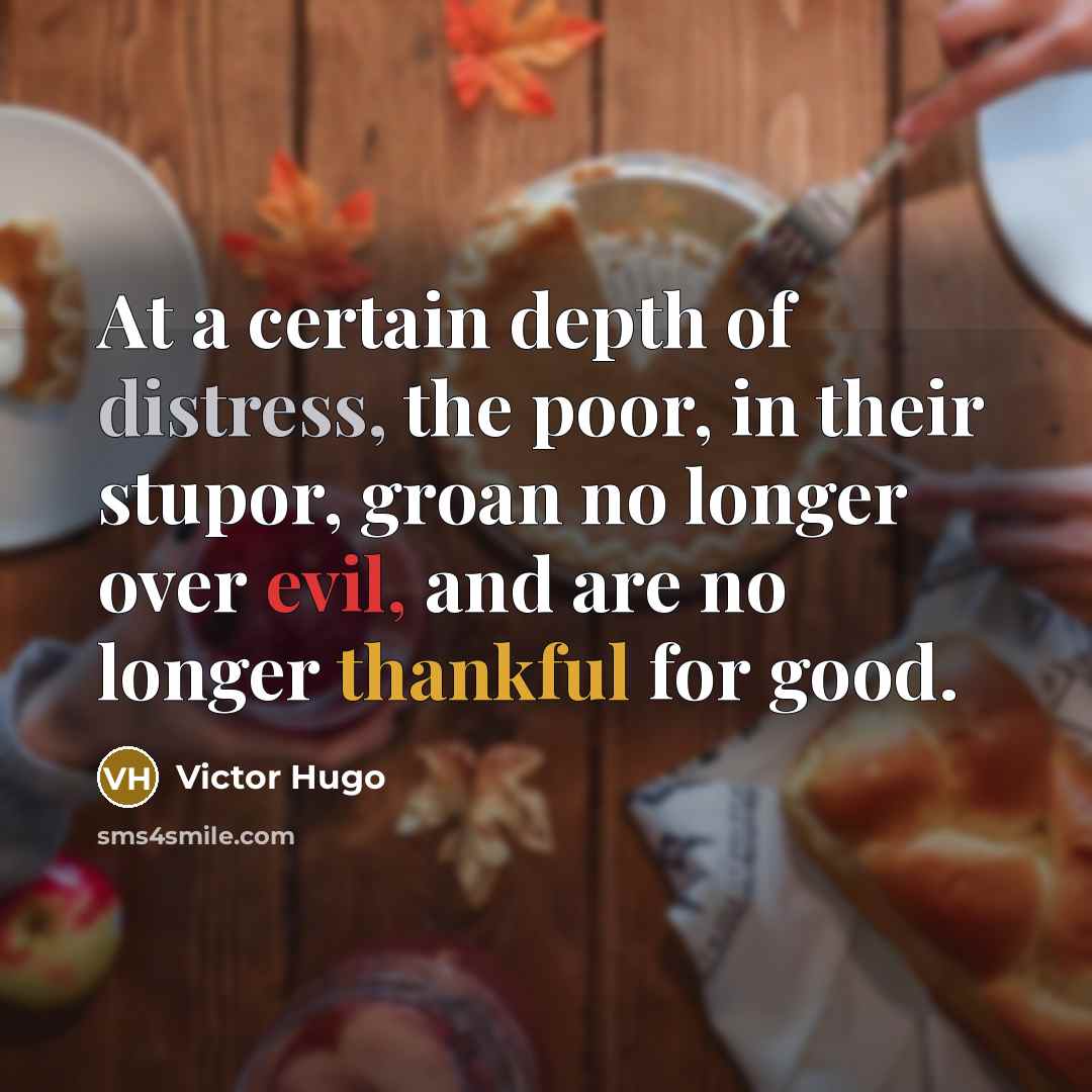 “At a certain depth of distress, the poor, in their stupor, groan no longer over evil, and are no longer thankful for good.” quote by Victor Hugo