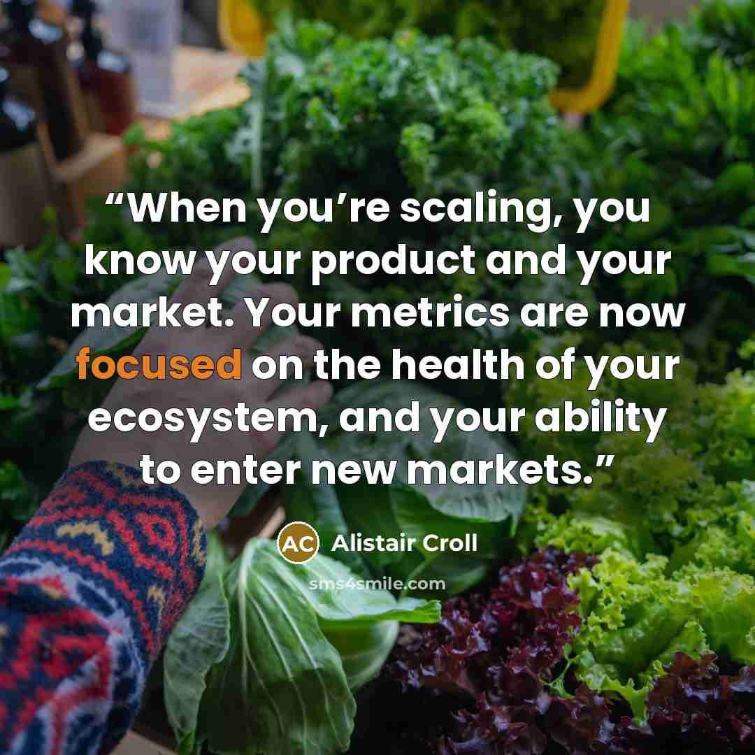 “When you’re scaling, you know your product and your market. Your metrics are now focused on the health of your ecosystem, and your ability to enter new markets.” quote by Alistair Croll