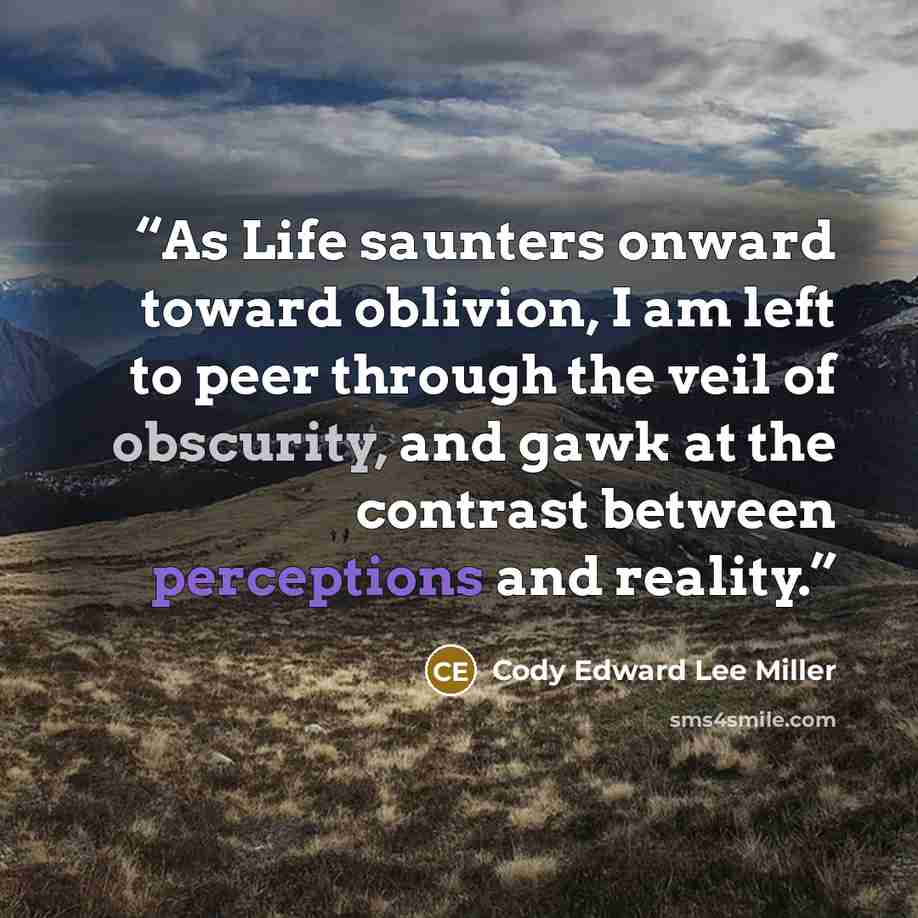 “As Life saunters onward toward oblivion, I am left to peer through the veil of obscurity, and gawk at the contrast between perceptions and reality.” quote by Cody Edward Lee Miller